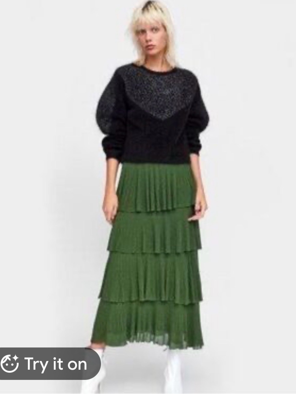 Zara Green Tiered Pleated Maxi Skirt